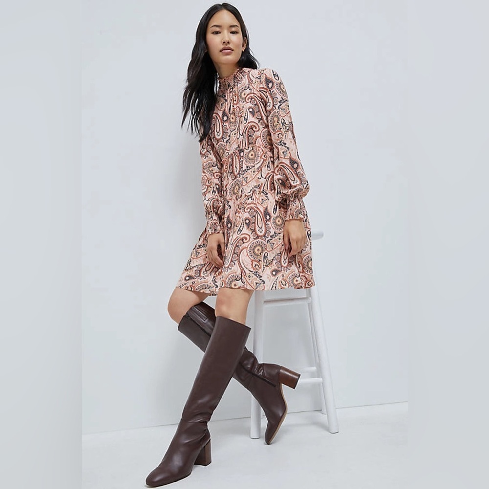 Anthropologie Cady Tiered Pink Paisley Dress Bohemian Mock Neck Ruffled Large